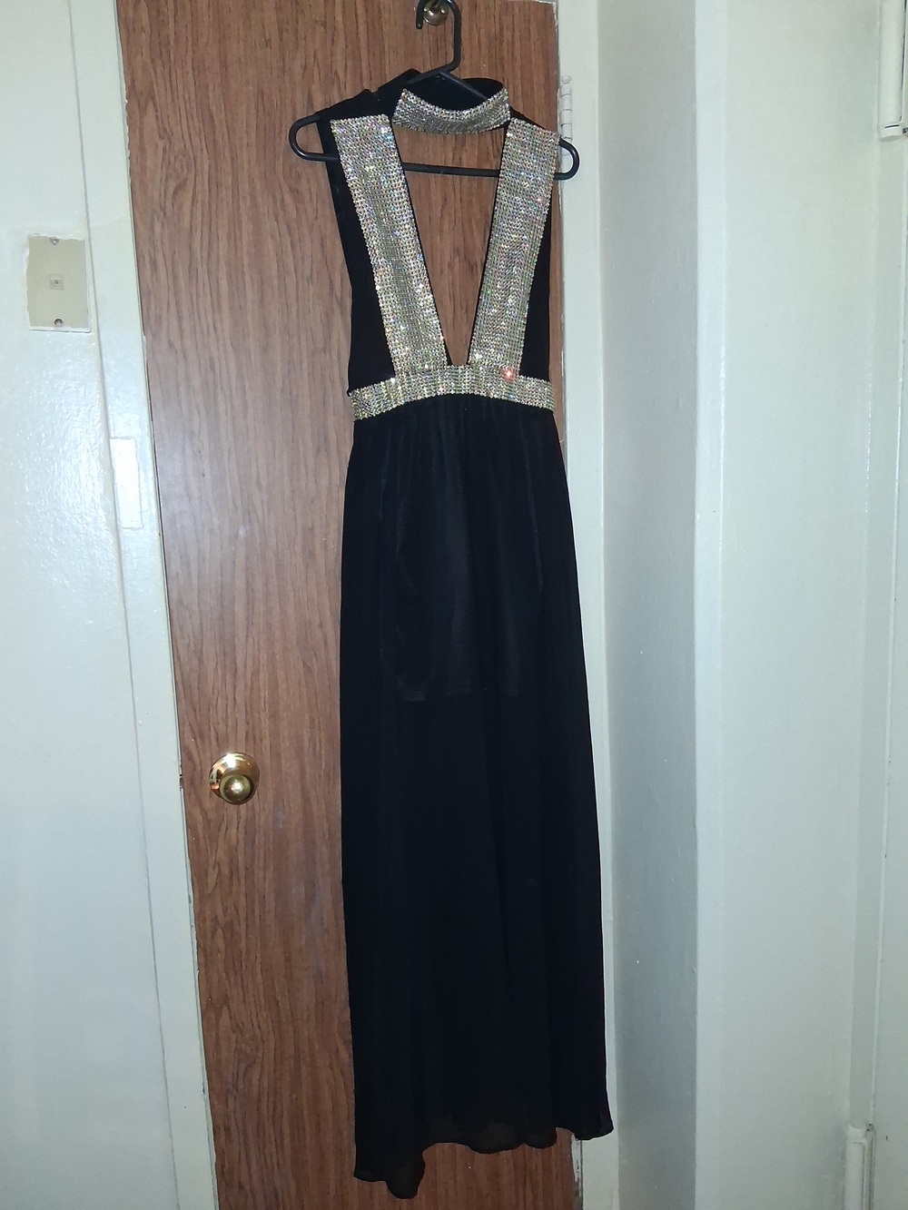 Fashion Nova Black Backless Evening Dress with Rhinestone Trim